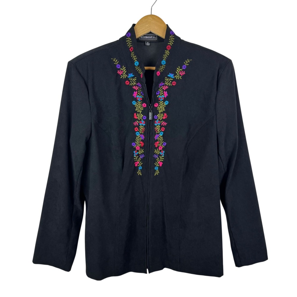 Elementz Floral Embroidered Faux Suede Zip Up Jacket XL Black Retro Y2K Hippie